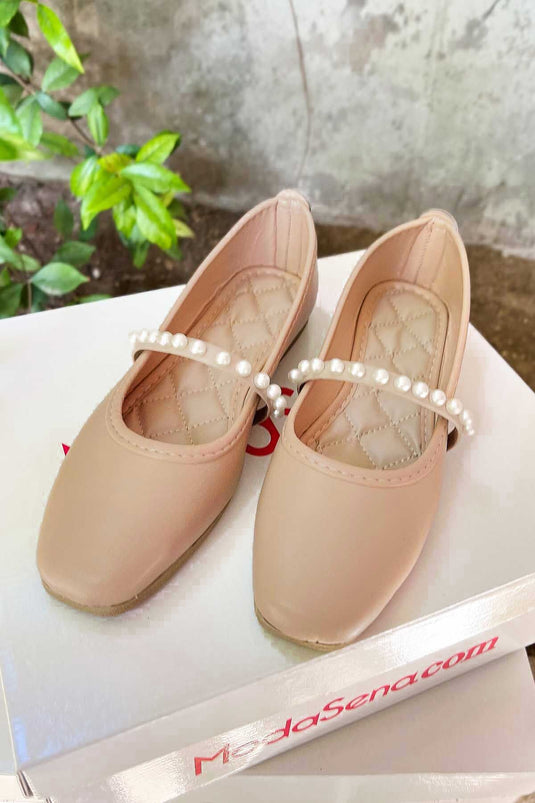 Einriemer-Ballerinas mit Perlendetail, Dunkelbeige