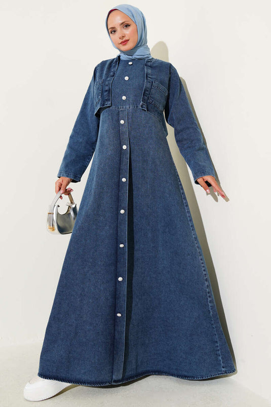 Zweiteiliges Set aus Jeansweste mit Perlenknöpfen in Dunkelblau