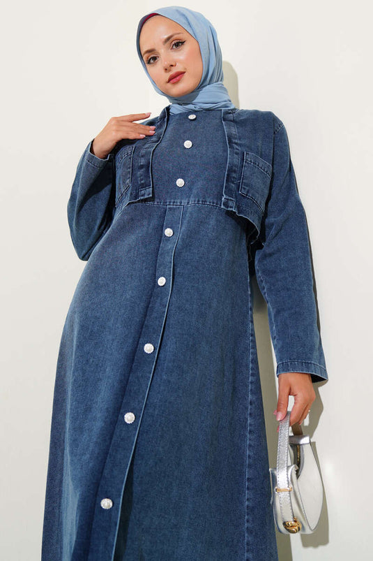 Zweiteiliges Set aus Jeansweste mit Perlenknöpfen in Dunkelblau