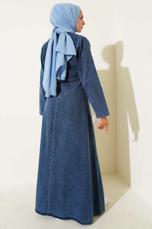 Zweiteiliges Set aus Jeansweste mit Perlenknöpfen in Dunkelblau