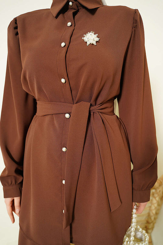 Pearl Button Detailed Belted Two-Piece Set Brown