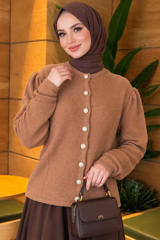 Camel Pearl Button Knit Cardigan
