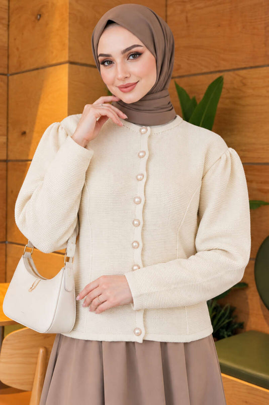 Beige Brei Vest Met Parelknopen