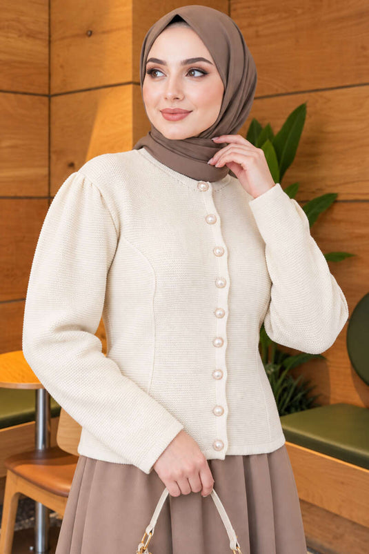 Beige Brei Vest Met Parelknopen