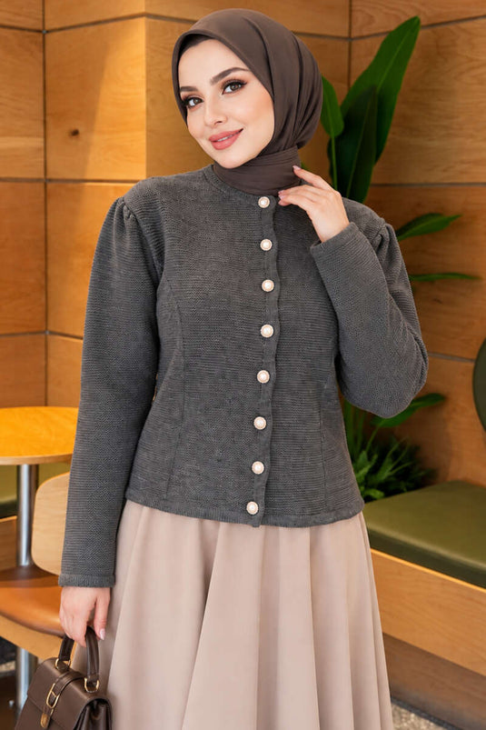 Cardigan In Maglia Con Bottoni A Perla Grigio Fumo