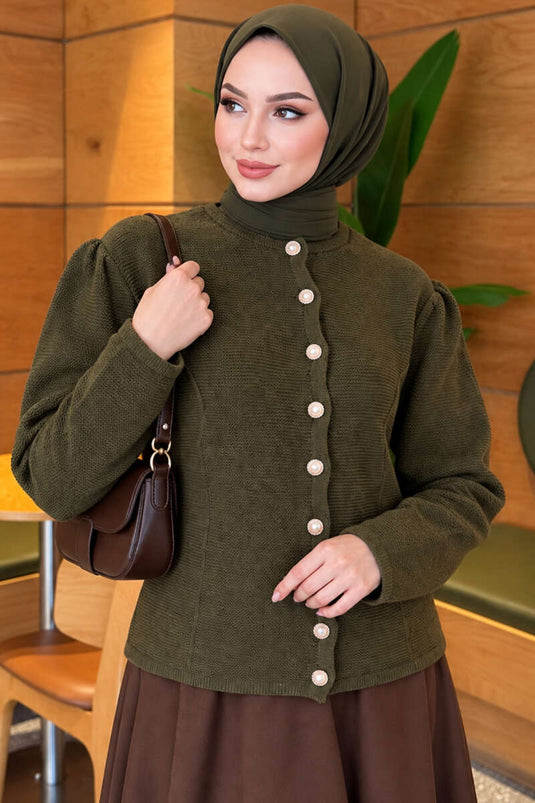 Beige Pearl Button Knit Cardigan