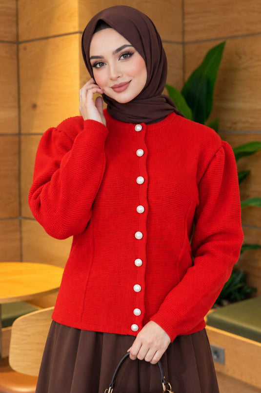 Gilet En Maille Rouge À Boutons Perle