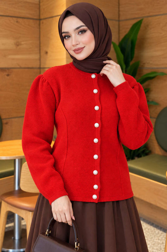 Gilet En Maille Rouge À Boutons Perle