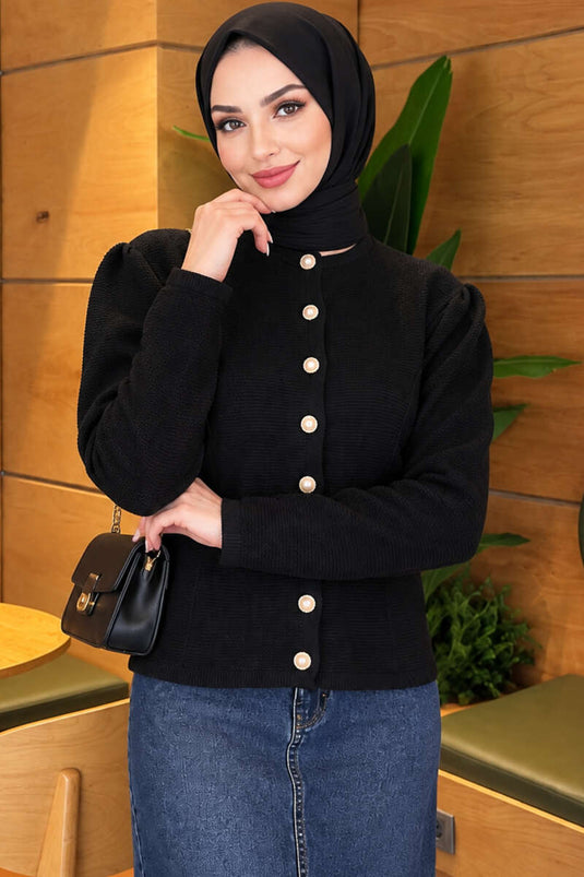 Gilet En Maille Noir À Boutons En Perle