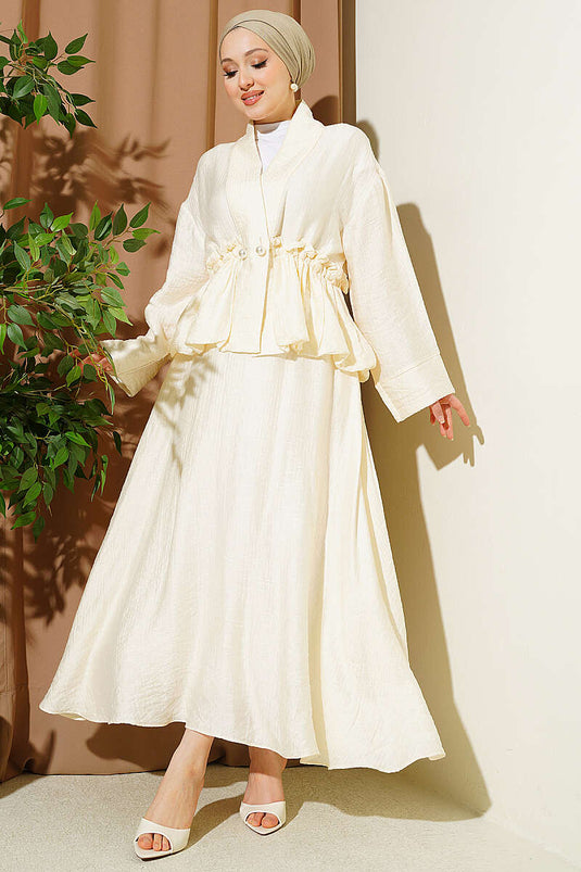Pearl Buttoned, Gathered Waist Skirt Set, Ecru