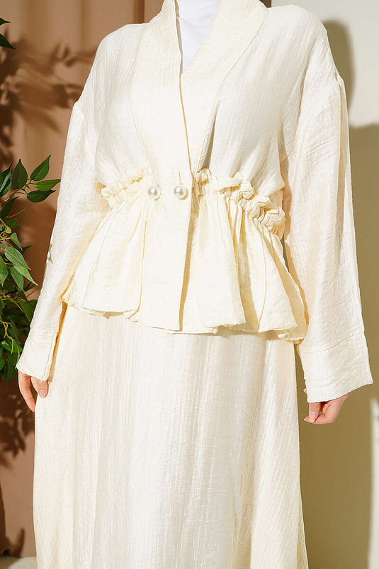 Pearl Buttoned, Gathered Waist Skirt Set, Ecru