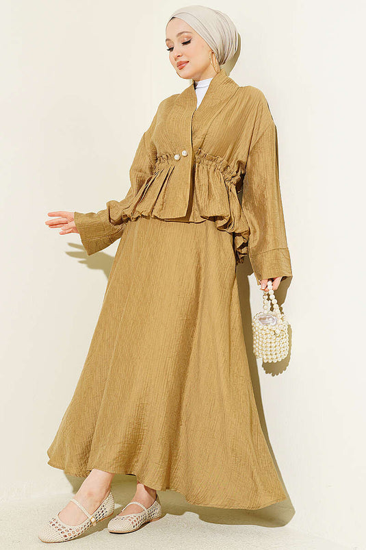 Ensemble jupe froncée à la taille avec boutons nacrés, vert olive