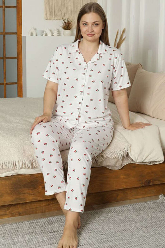 Pearl Button Cherry Print Plus Size Pajama Set White