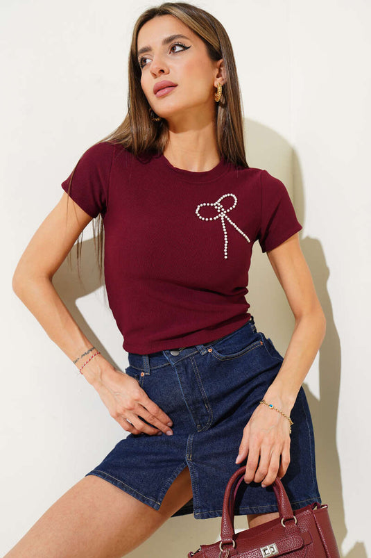 Pearl Bow Short Sleeve Crop Burgundy