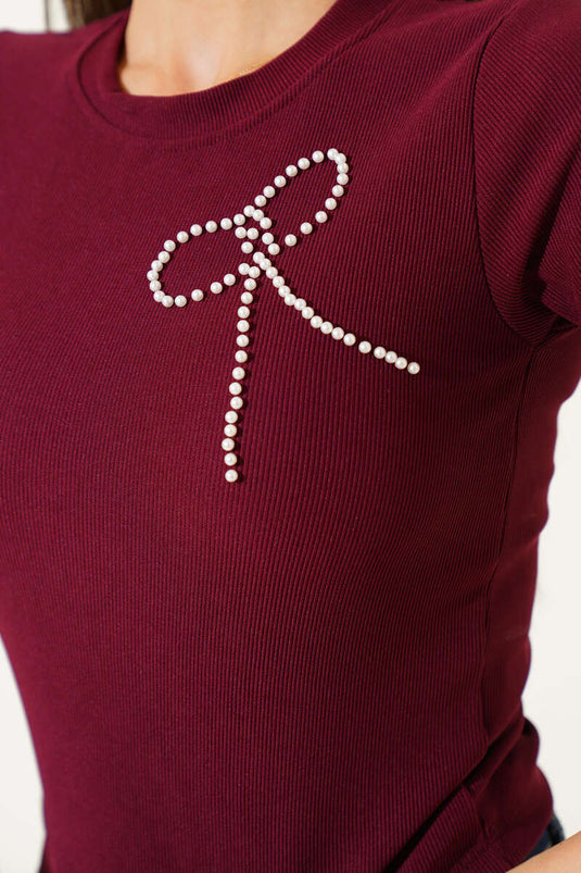 Pearl Bow Short Sleeve Crop Burgundy