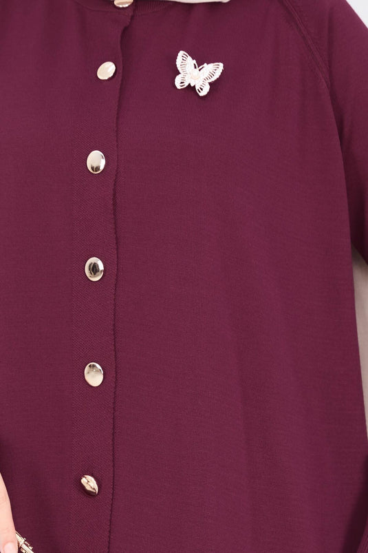 İnci Kelebek Broşlu Tesettür Triko Takım Bordo