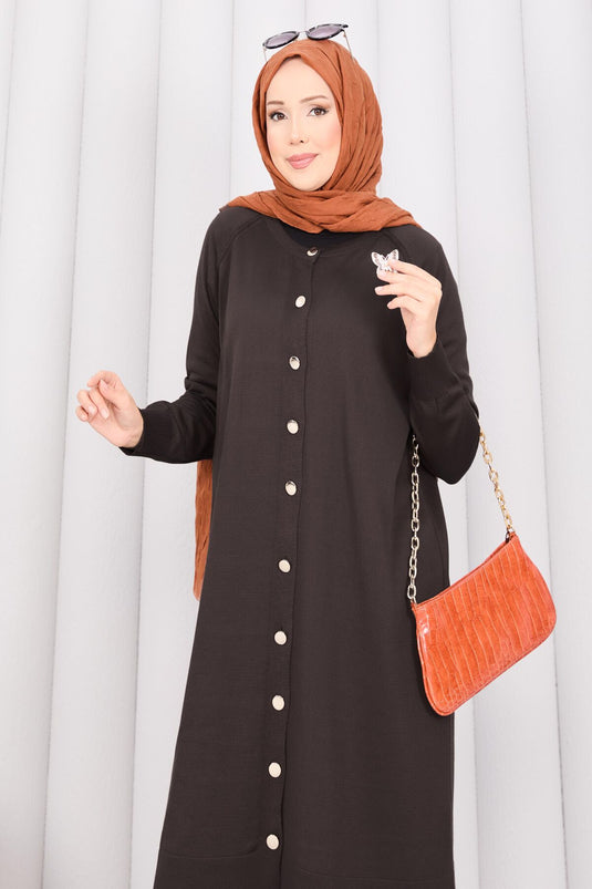 İnci Kelebek Broşlu Tesettür Triko Takım Kahve