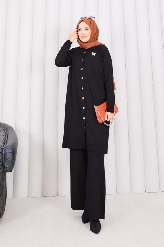 İnci Kelebek Broşlu Tesettür Triko Takım Siyah