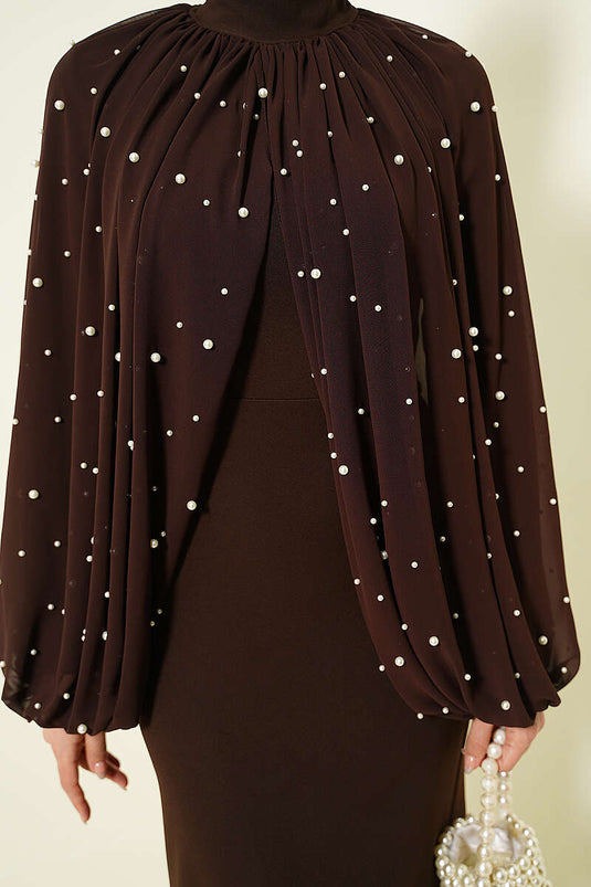 İnci Pelerine Abendkleid Braun