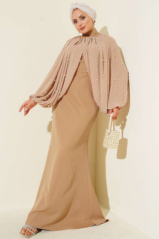 Robe De Soirée Avec Cape En Perles Latte