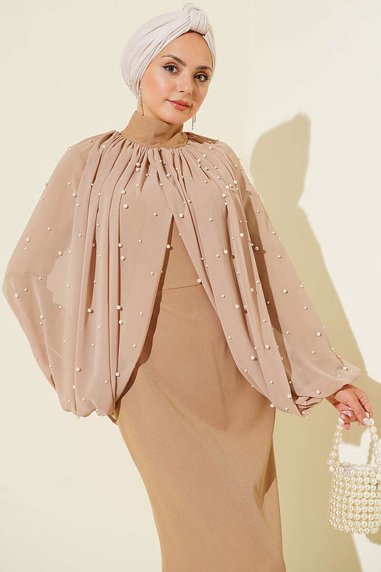 Robe De Soirée Avec Cape En Perles Latte