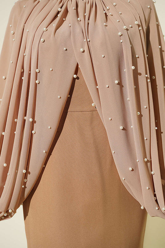 Robe De Soirée Avec Cape En Perles Latte