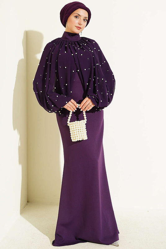 Lila Abendkleid Mit Perlencape