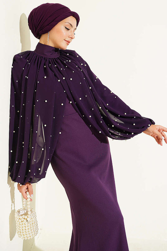 Lila Abendkleid Mit Perlencape