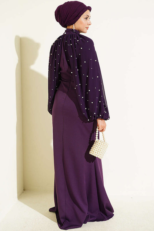 Lila Abendkleid Mit Perlencape