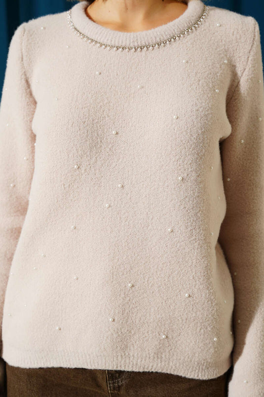Pluche trui met parelversiering in beige