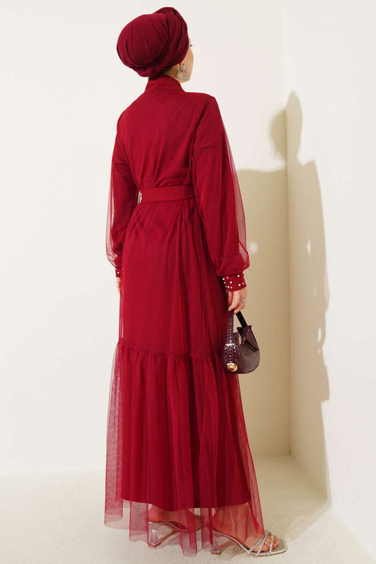 Pearl Embellished Abaya Burgundy