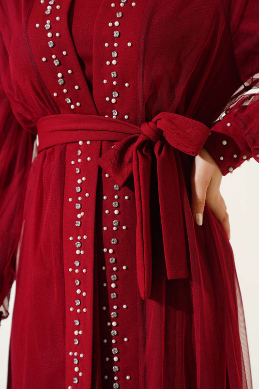 Pearl Embellished Abaya Burgundy