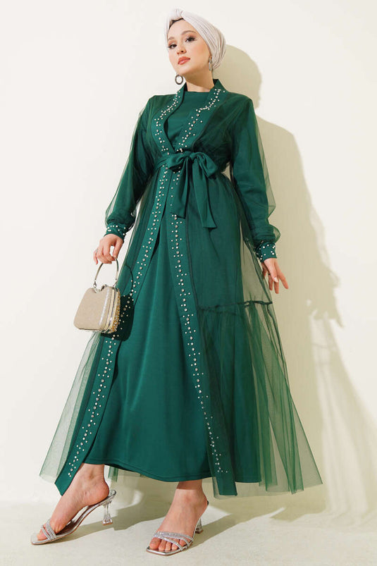 Pearl Embellished Abaya Green