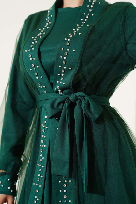 Pearl Embellished Abaya Green