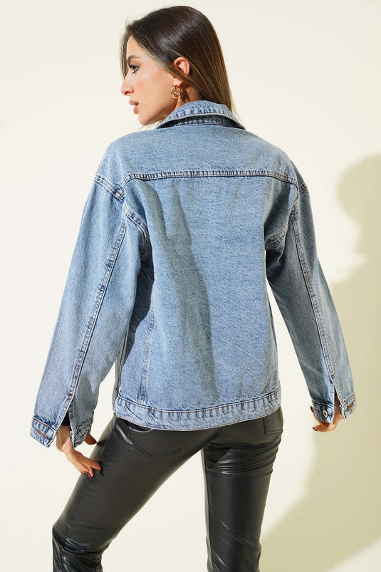 Denim Jacket with Pockets and Pearl Embellishments Denim Blue