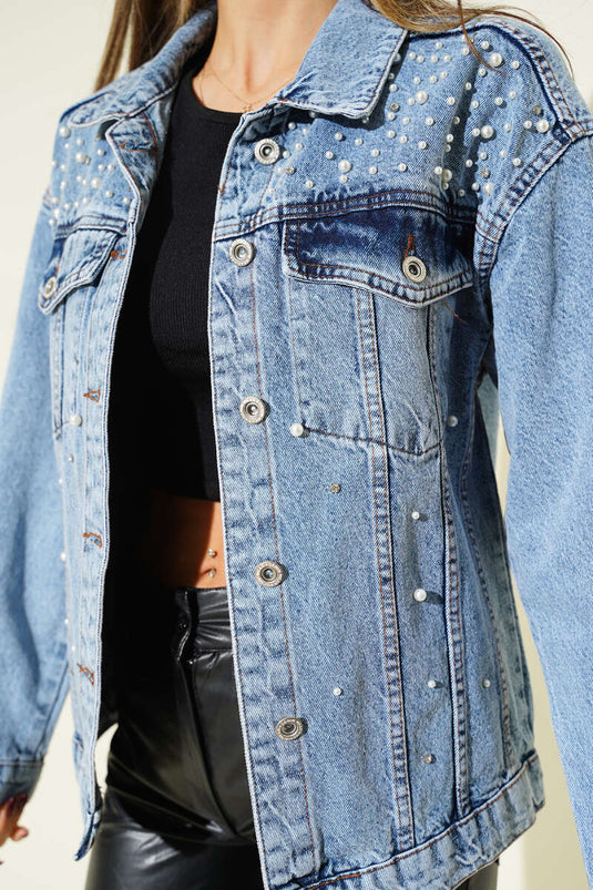 Denim Jacket with Pockets and Pearl Embellishments Denim Blue
