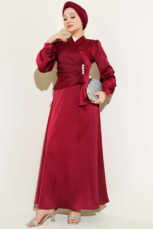 Pearl-Embellished Draped Satin Evening Dress Burgundy