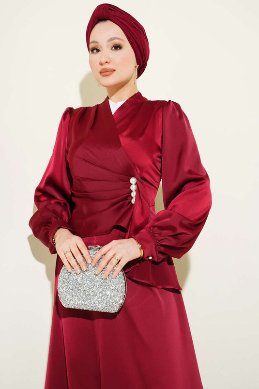 Pearl-Embellished Draped Satin Evening Dress Burgundy