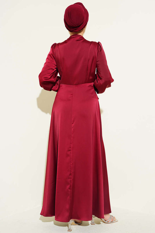 Pearl-Embellished Draped Satin Evening Dress Burgundy