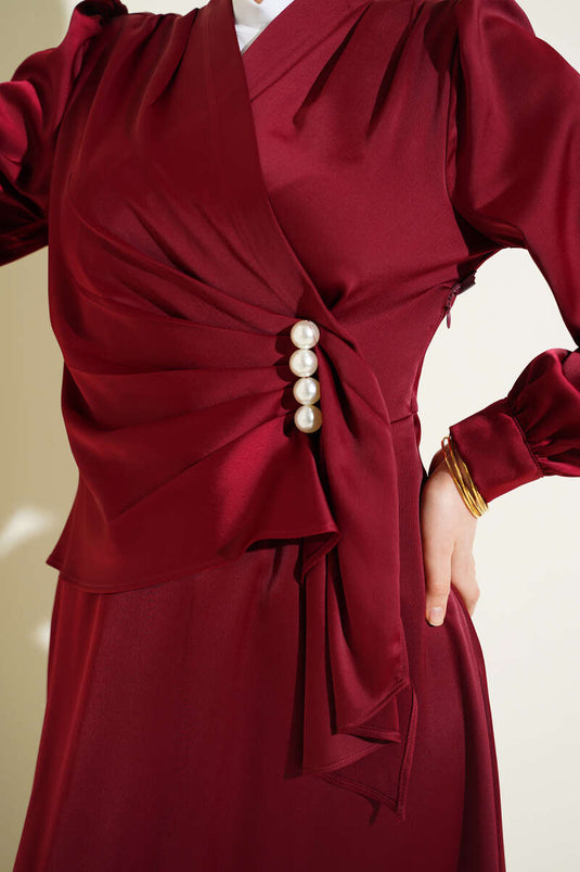 Pearl-Embellished Draped Satin Evening Dress Burgundy