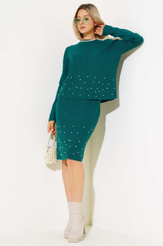 Traje de dos piezas de punto con falda adornada con perlas Esmeralda