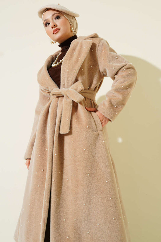 Perlenverzierter Goldfox-Mantel Beige