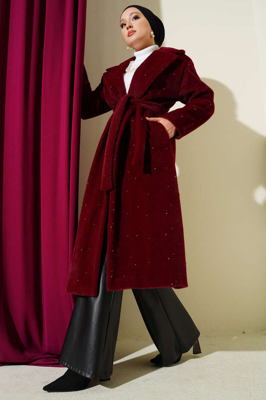 Pearl-Embellished Goldfox Coat Burgundy