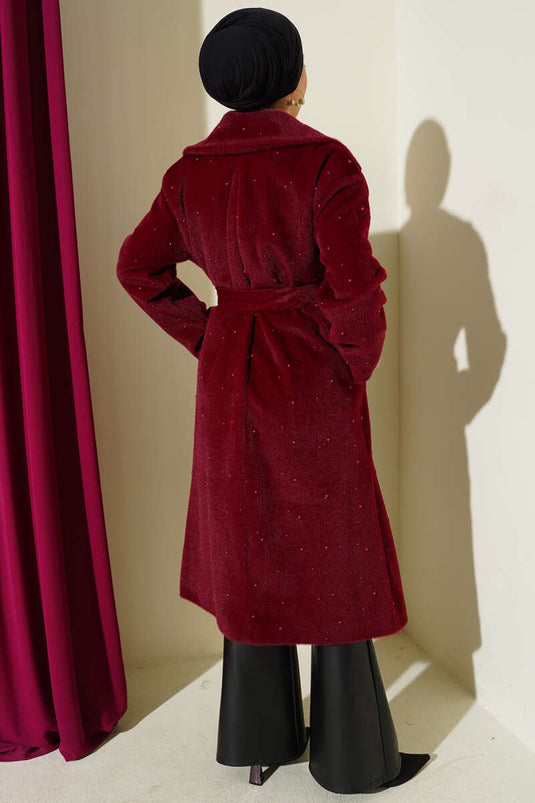 Pearl-Embellished Goldfox Coat Burgundy