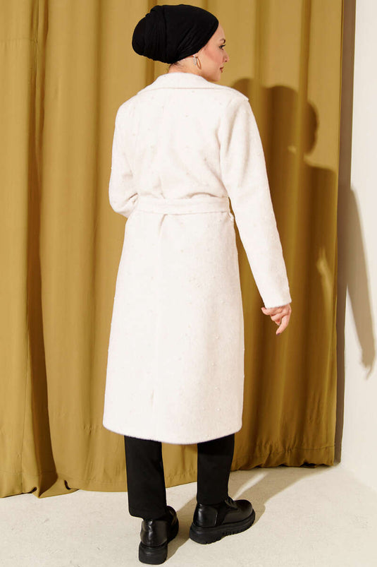 Goldfox Coat with Pearl Embellishment and Belt, Beige