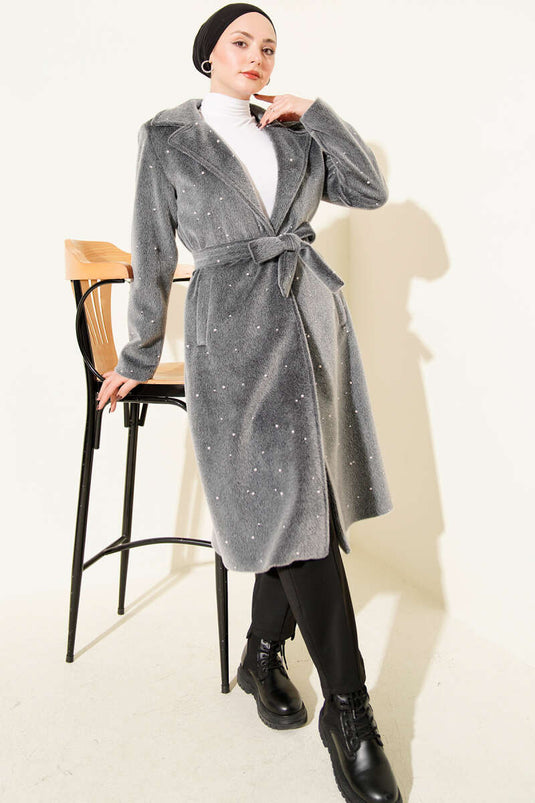 Goldfox Coat with Pearl Embellishment and Belt, Smoke Grey