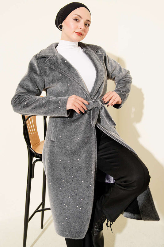 Goldfox Coat with Pearl Embellishment and Belt, Smoke Grey