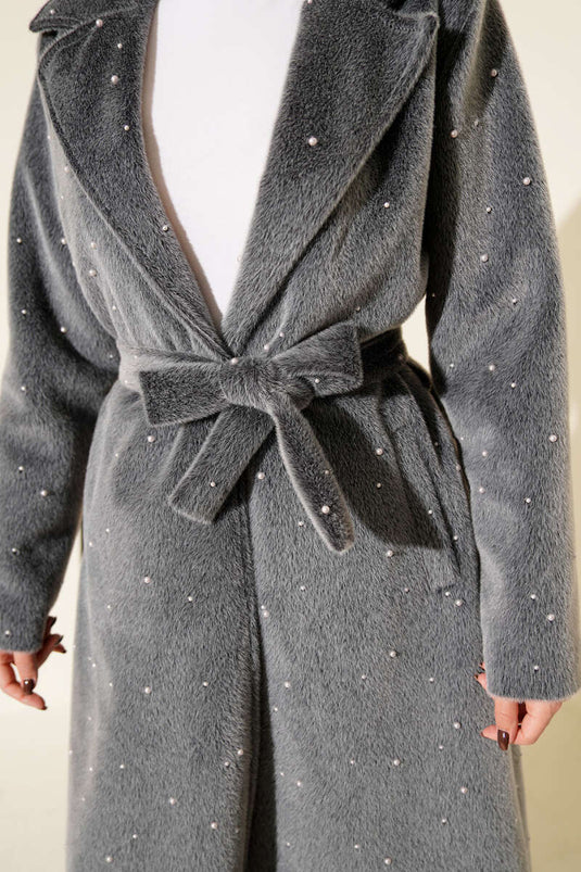 Goldfox Coat with Pearl Embellishment and Belt, Smoke Grey