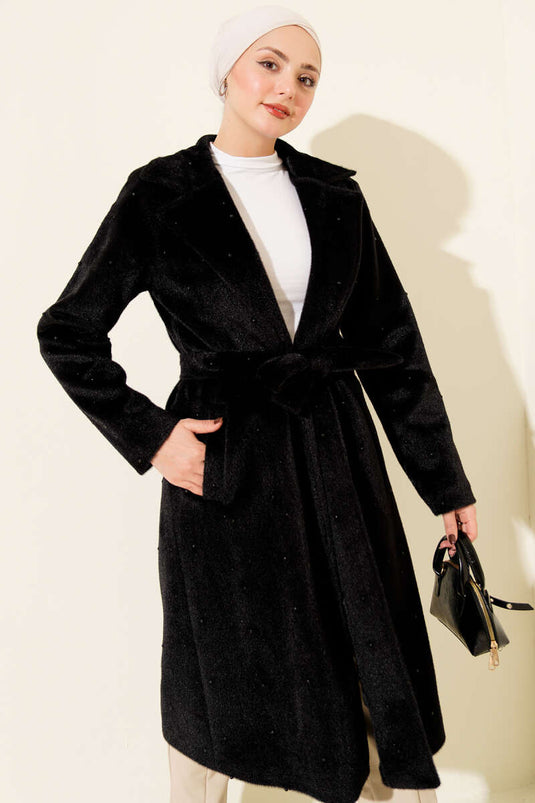 Goldfox Coat with Pearl Embellishment and Belt, Black