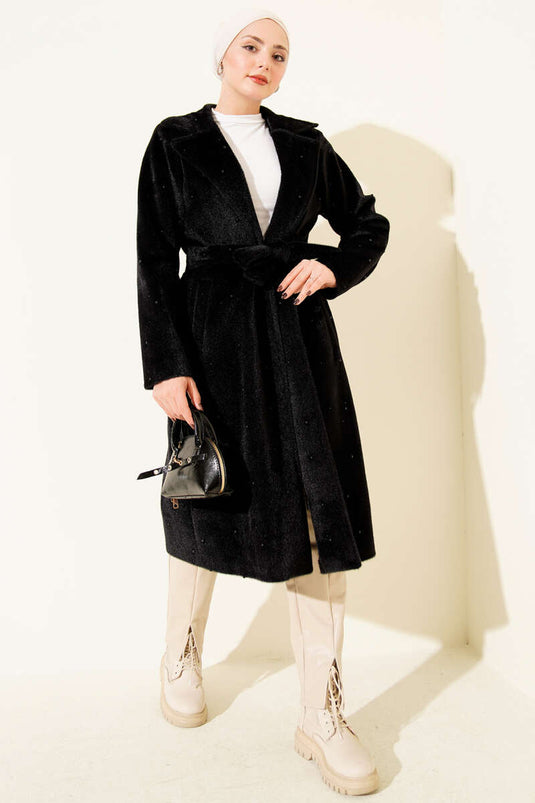 Goldfox Coat with Pearl Embellishment and Belt, Black